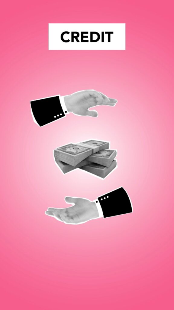 Creative cut out paper composition of hands around pile of dollar banknotes for credit on pink background